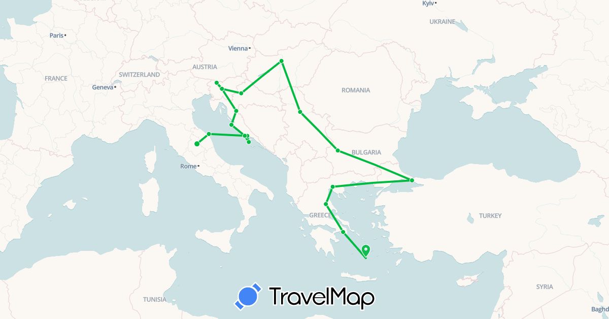 TravelMap itinerary: driving, bus in Bulgaria, Greece, Croatia, Hungary, Italy, Serbia, Slovenia, Turkey (Asia, Europe)